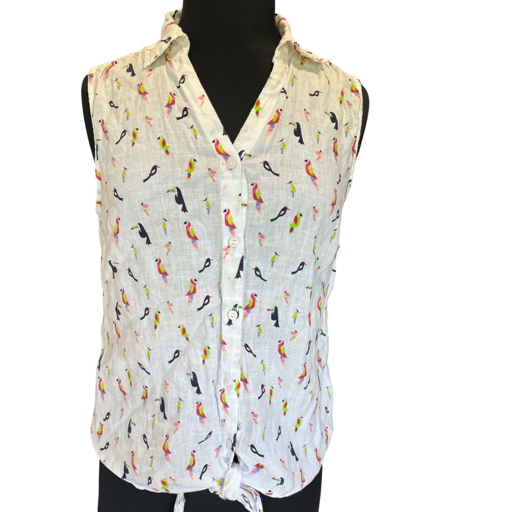 Talbots Womens White Linen Tropical Bird Print Tie Front Sleeveless Shirt M